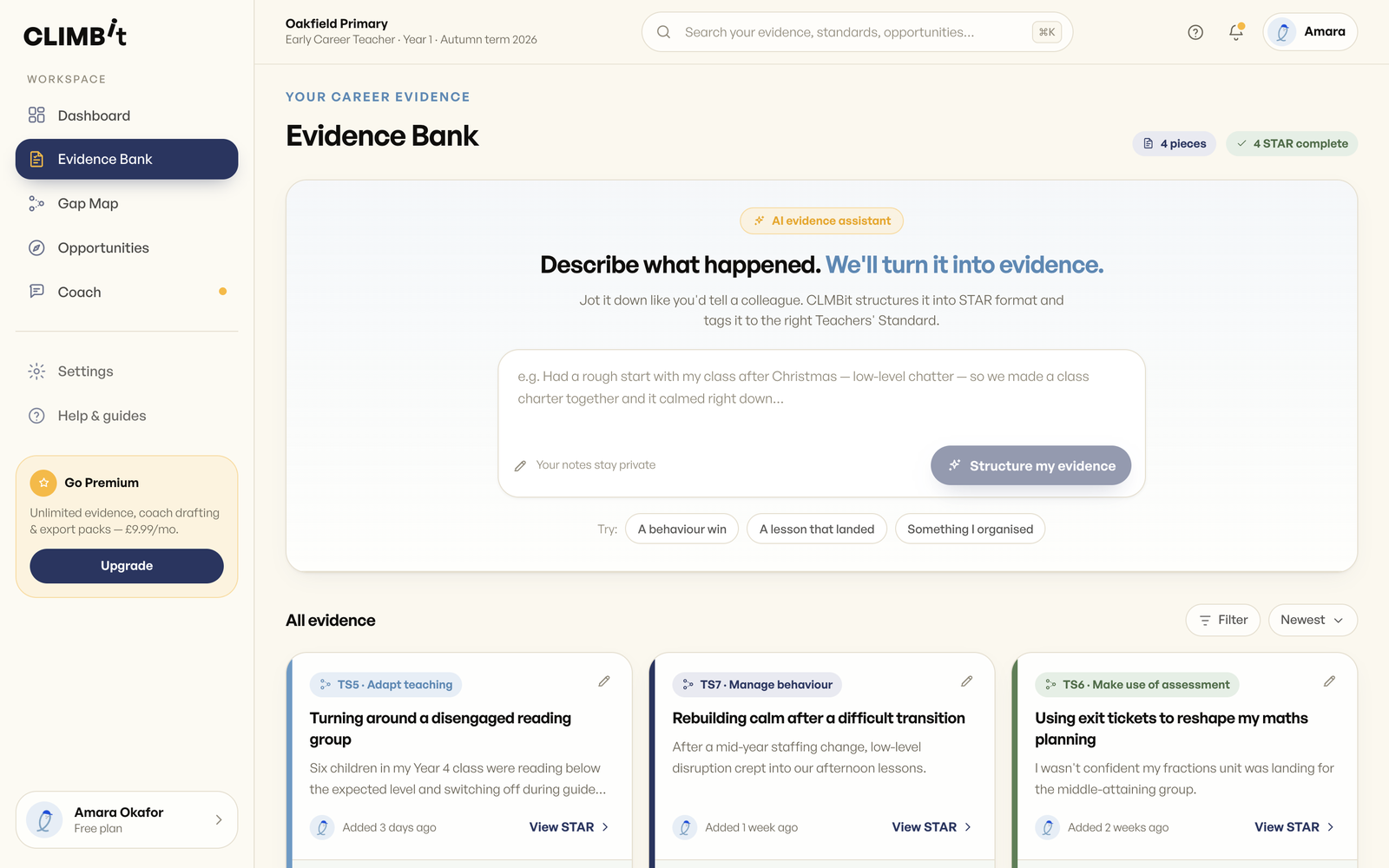 The CLMBit Evidence Bank screen.