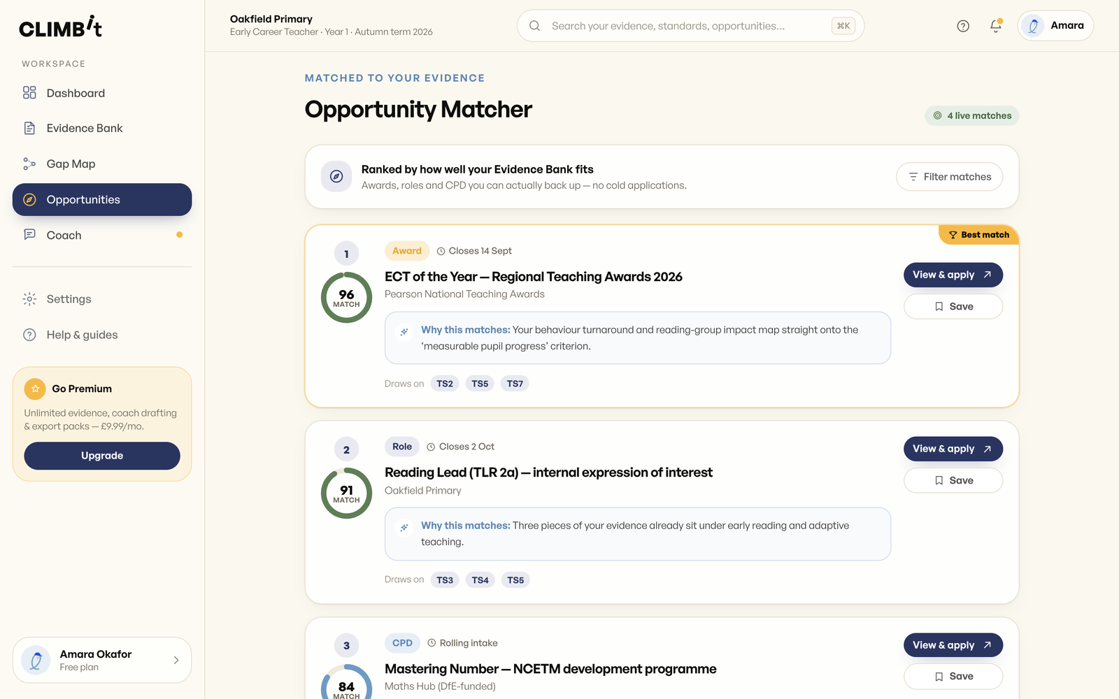 The CLMBit Opportunity Matcher screen.